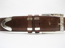 Sterling Silver buckle 2 loops  tip set w Lizard-1-1/2" belt size 26 to 46 USA.