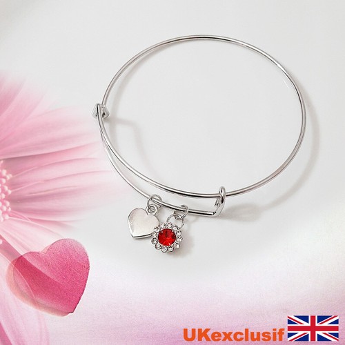 Gorgeous Adjustable Silver Bracelet Bangle Women Heart Rhinestone Charms Gifts - Picture 5 of 8