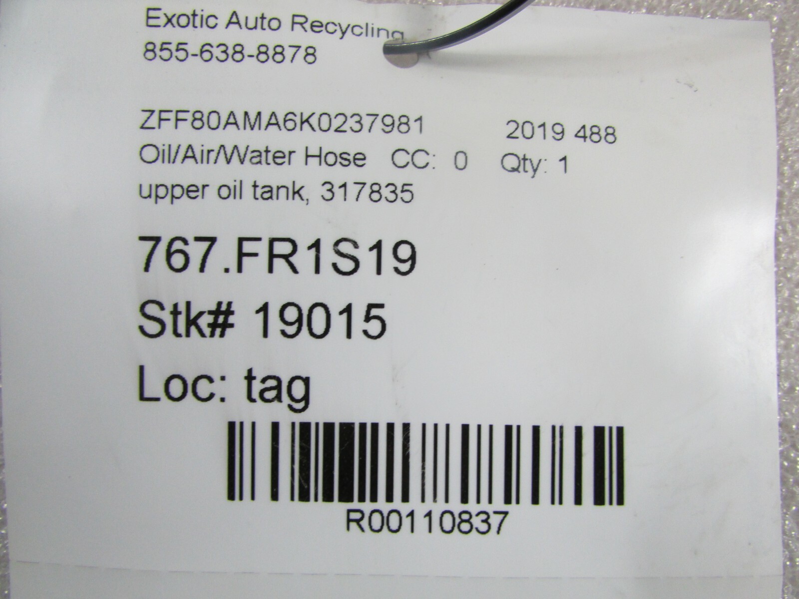 Ferrari 488, Upper Oil Tank Hose, Used, P/N 317835