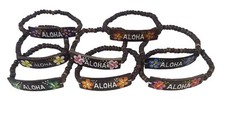 Coconut 6" Elastic Hawaiian ALOHA jewelry ID Bracelet with two Hibiscus Flowers