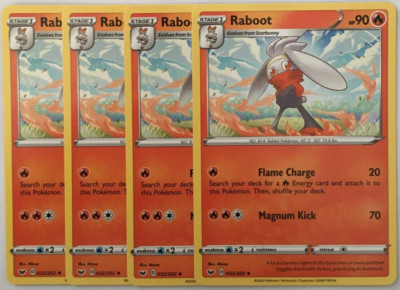 POKEMON 4X RABOOT 032/202 SWORD & SHIELD UNCOMMON NEAR MINT-PLAYSET