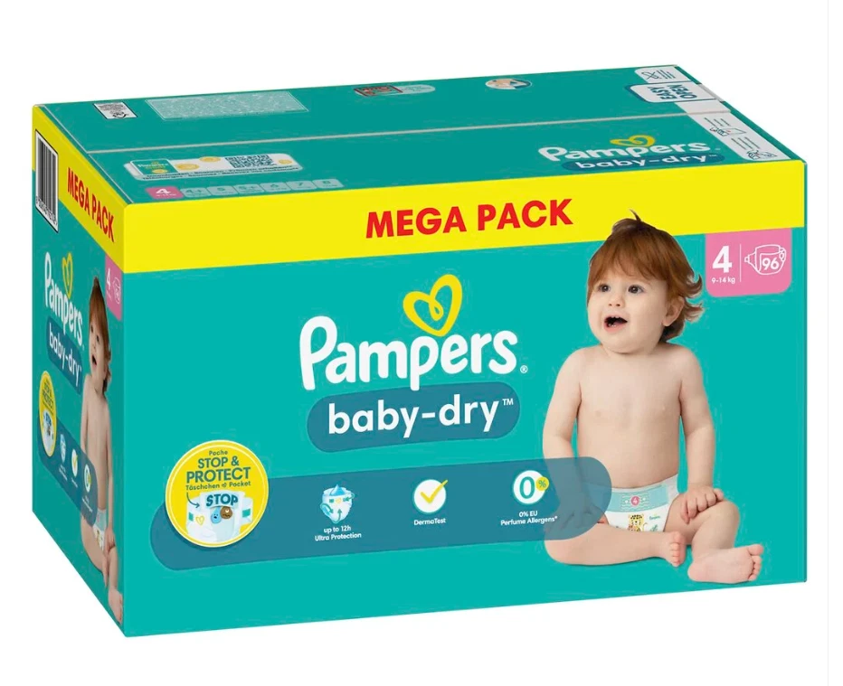 Mega Pack 96 Diapers PAMPERS Baby-Dry Size 4 (9-14kg) Baby Changes Lot