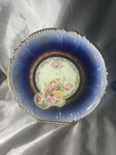 Antique Flow Blue Rose Plate Unmarked Bavaria Germany 9” Hand Painted Gold Trim - Afbeelding 1 van 5