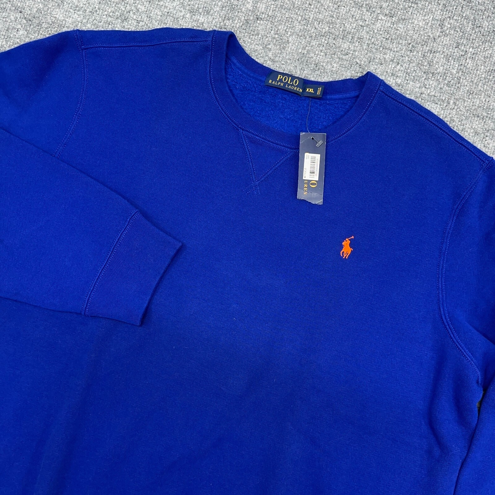 Polo Ralph Lauren Felpa Uomo 2XL Blu Royal Girocollo Arancione Pony Fleece NUOVO