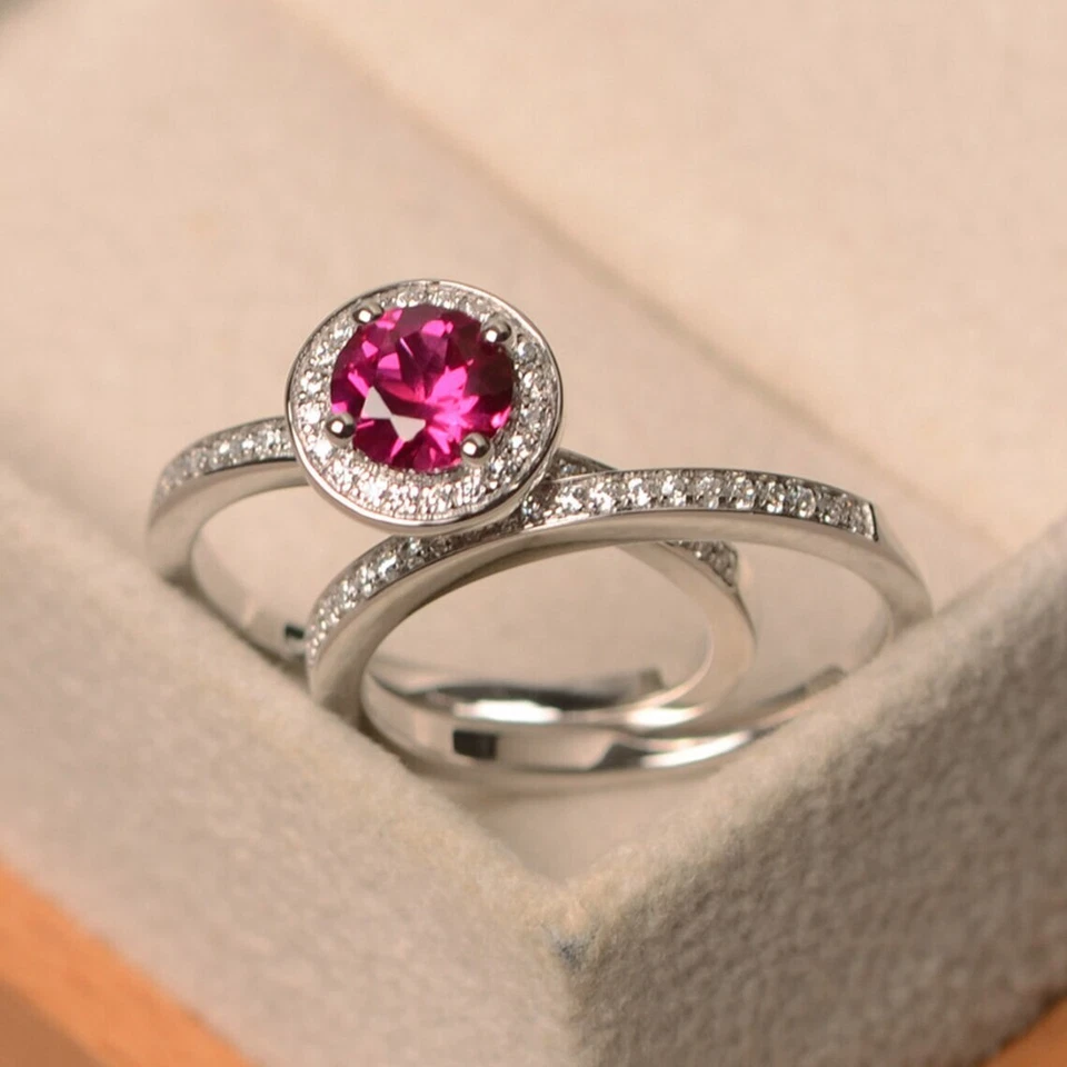 925 Sterling Silver Pink Ruby Stack Ring Round Lab Created Gemstone Women Ring - Image 2 of 4