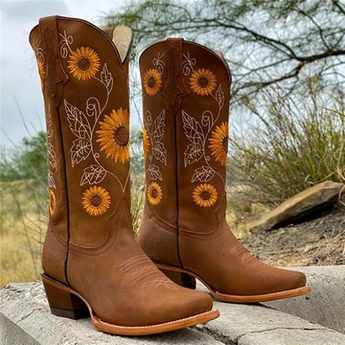 Women Mid Calf Western Cowboy Boots Sunflower Low Block Heel Booties Shoes Size - Picture 1 of 23