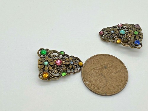 Antique Gold Metal Vintage Set Of Two Scarf Clips Brooches Crystal Stones - Picture 7 of 7