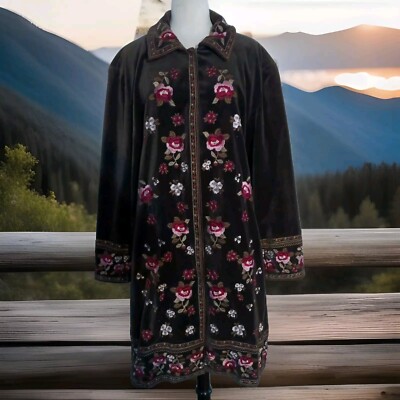Nygard Collection Floral Embroidered Chocolate Cotton Velvet Topcoat Fully Lined