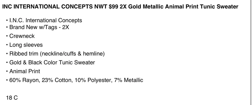 INC Int. NUEVO CON ETIQUETAS $99 Suéter Manga Larga Mujer Plus 2X DORADO Estampado Animal Metálico Foto 4 de 4