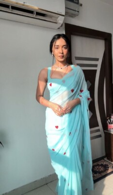 Sky Blue Color Heart Design Embroidery Work Designer Wedding Ready To Wear Saree