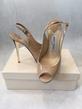 JIMMY CHOO 'SHAW' NEUTRAL PATENT SLINGBACK PEEPTOE W/ GOLD HEEL-SZ.5.5