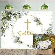 First Holy Communion Baptism Backdrop God Bless Backdrop Green and Gold Leaves
