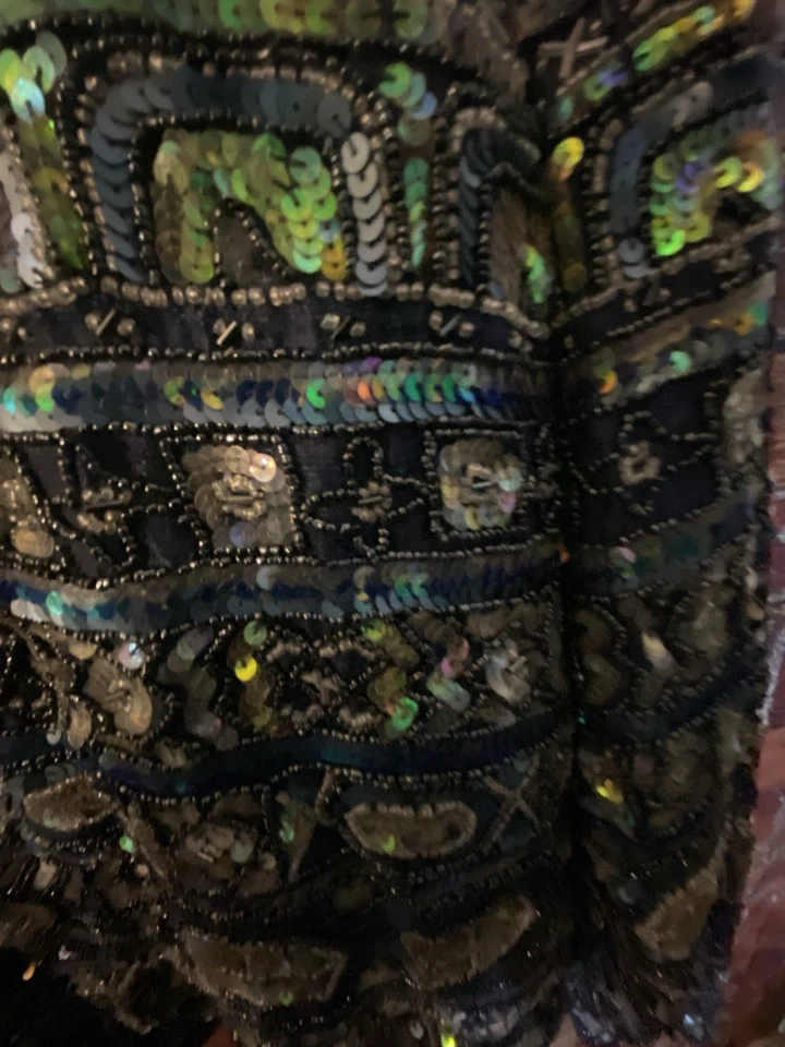 VTG Adrianna Papell Blue Green Sequin Beaded Silk Formal Evening Jacket Size PM - Image 4 of 4