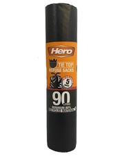Hero 90L Strong Bin Bags Extra Large Black Heavy Duty Tie Handle Refuse Sacks