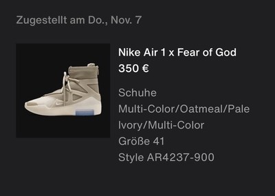 Nike Air Fear of God 1 Oatmeal EU 41 US 8 Deadstock OG-All Rechnung SNKRS