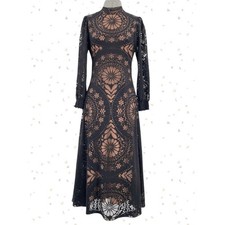 Farm Rio Black Beige Open Back Floral Midi Dress Long Sleeve High Neck Size XSP