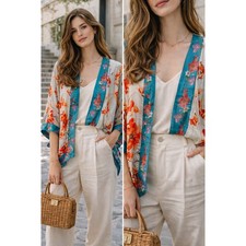 Tolani Floral Kimono Wrap Open Front Cover Up Teal Orange One Size