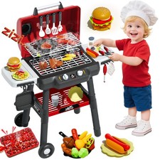 Grill Playset, BBQ Grill with Smoke Sound Light and Wheel, Movable Pretend Pl...