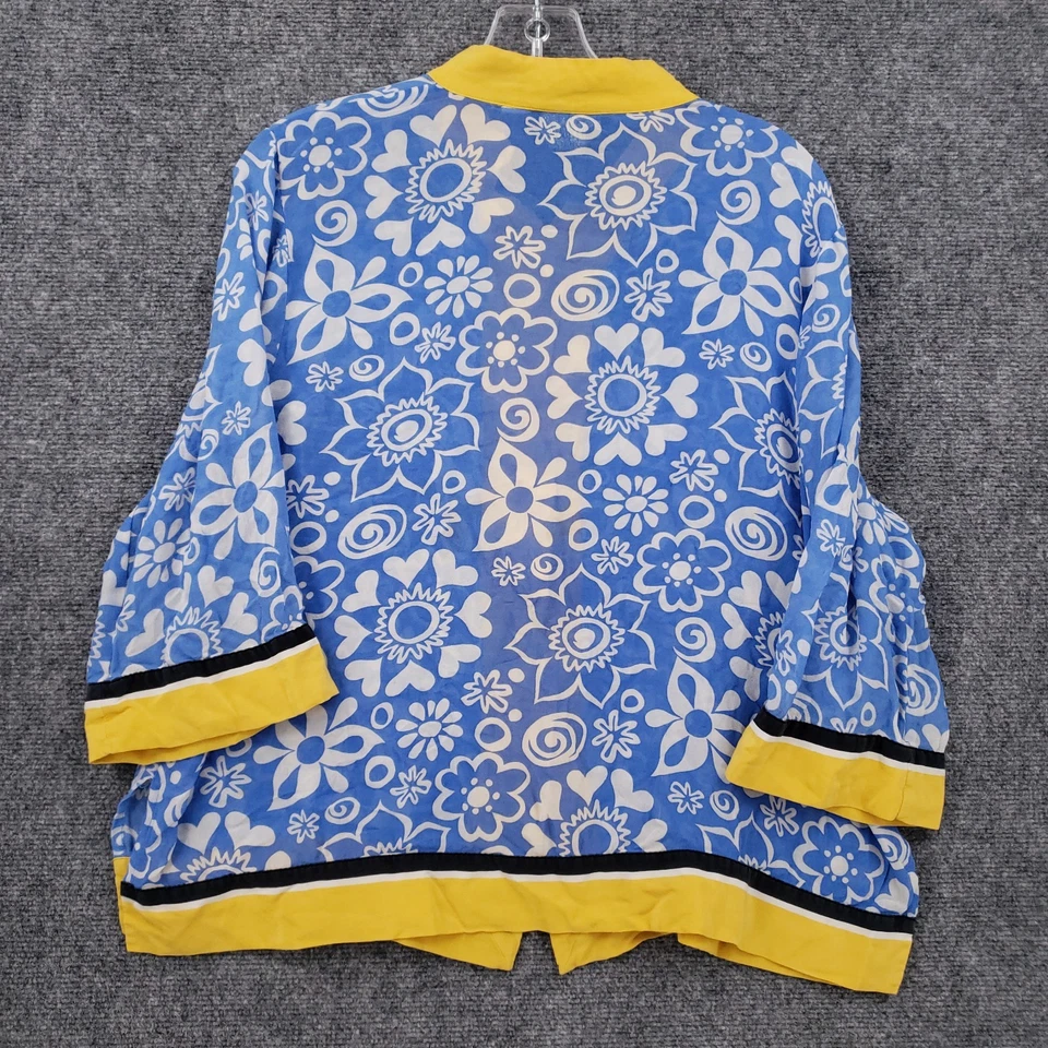 ВИНТАЖНЫЙ Bob Mackie носимый искусства рубашка на пуговицах женщин L большой синий шелк цветочный - Изображение 2 из 4