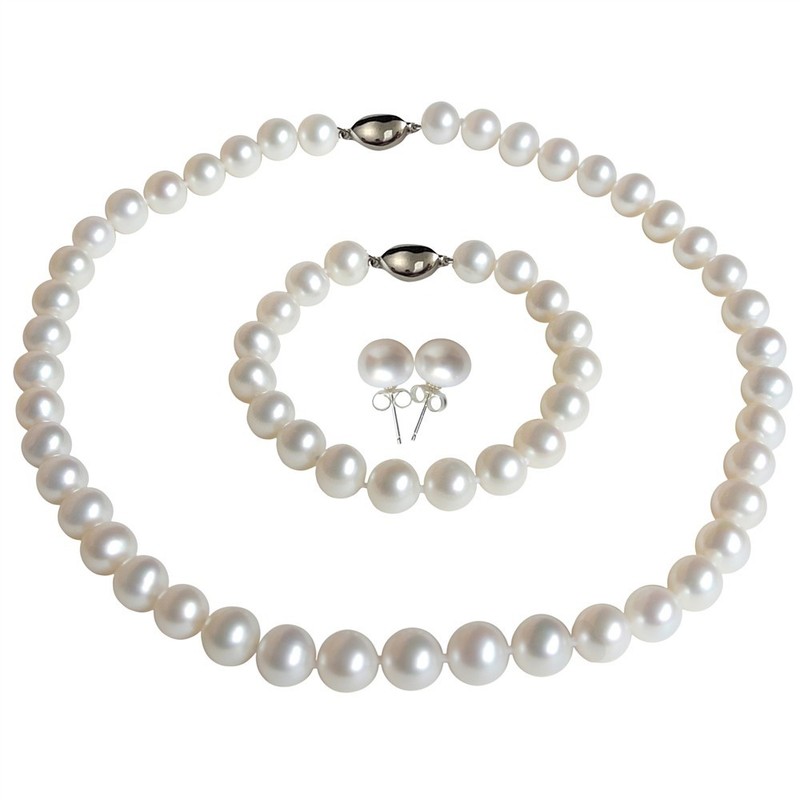Long 24 Inch Set ROUND 9-10mm White Pearl Necklace Earring Bracelet Cultured