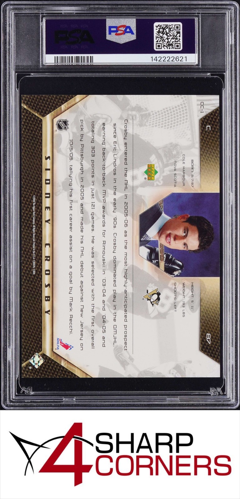 2005 UPPER DECK ROOKIE CLASS COMMEMORATIVE BOXTOPPERS #CC-1 SIDNEY CROSBY PSA 9 view 2