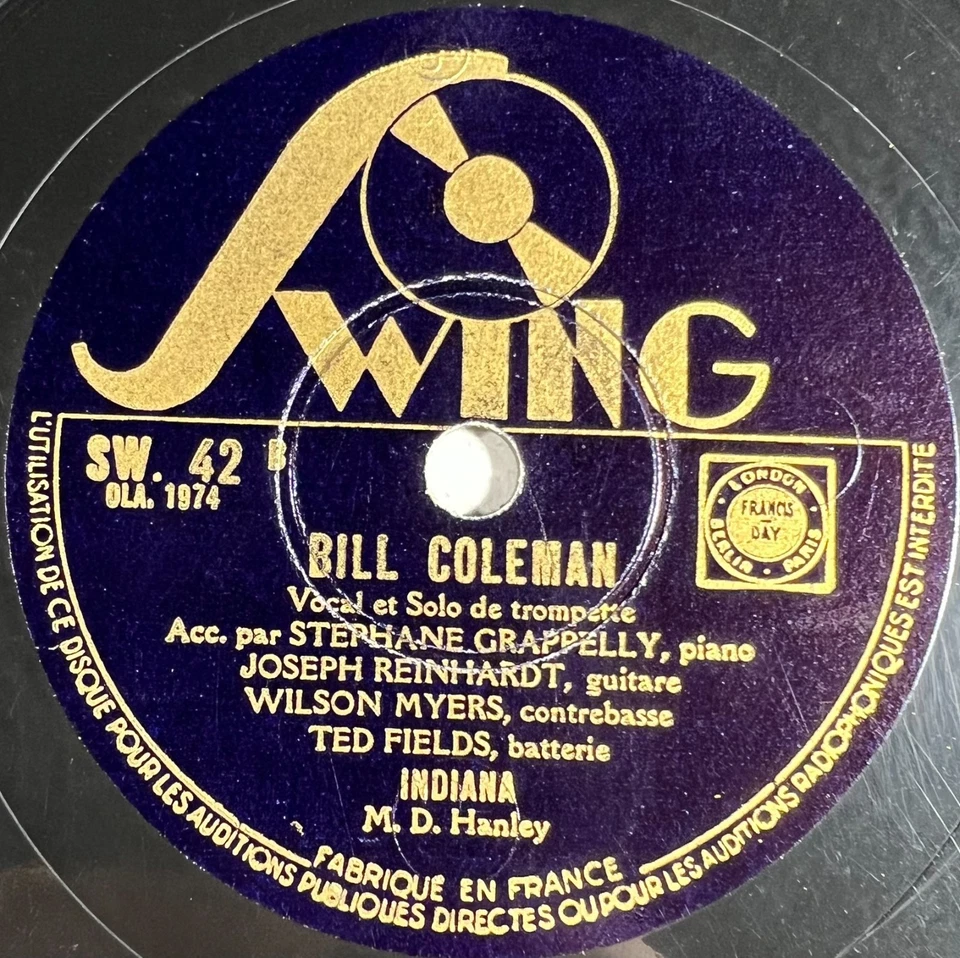 Django Reinhardt & Bill coleman : Blues / Indiana 78 RPM JAZZ SWING SW. 42 EX - Photo 2/4