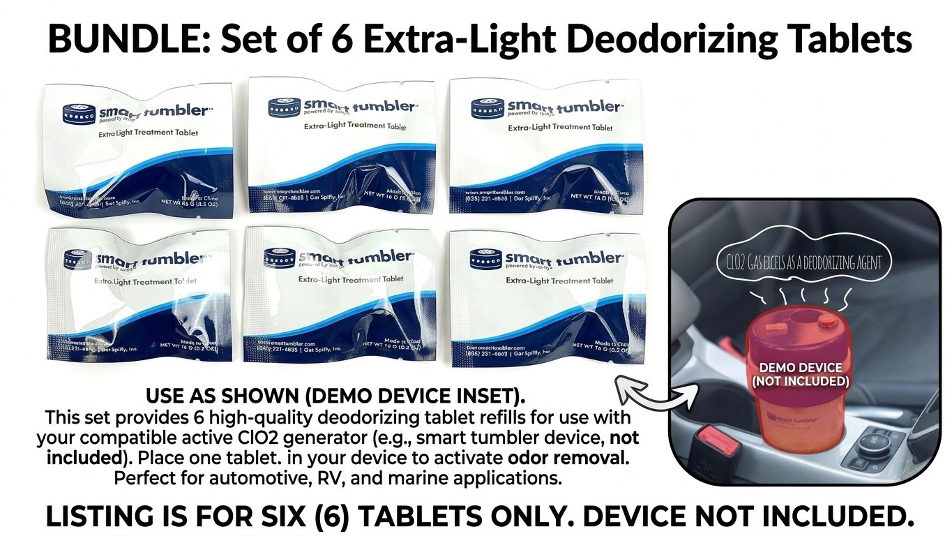 Spiffy Smart Tumbler CLO2 Odor Eliminator Refills Extra Light Treatment 6-Pack