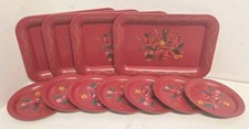 Vintage Red Metal Snack Trays & Coasters Hand...