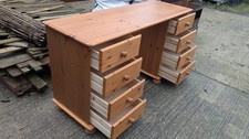 Long pine desk with 8 drawers wooden knobs on bun feet U250126C