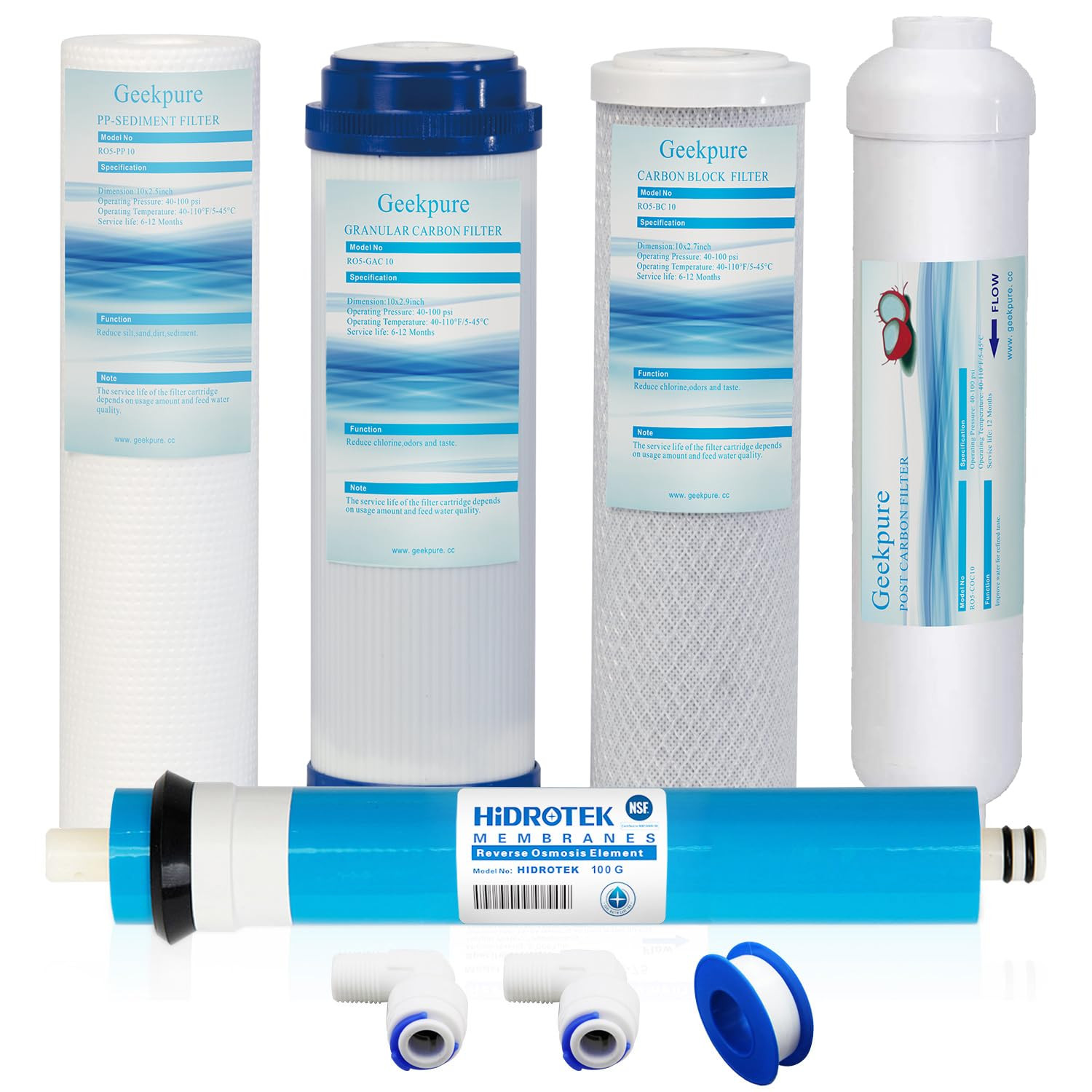 5 Stage Reverse Osmosis Replacement Filter Set with 100 GPD Membrane -10 Inch