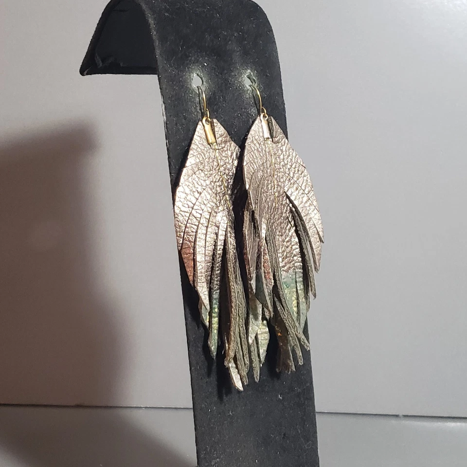 Leather Dangle Earrings Gray Retro Mid Century Modernist Boho Pierce 4" - Image 2 of 4