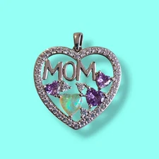 BR Sun Rhodium Plated Lab Opal Cz Mom Heart Pendant Love