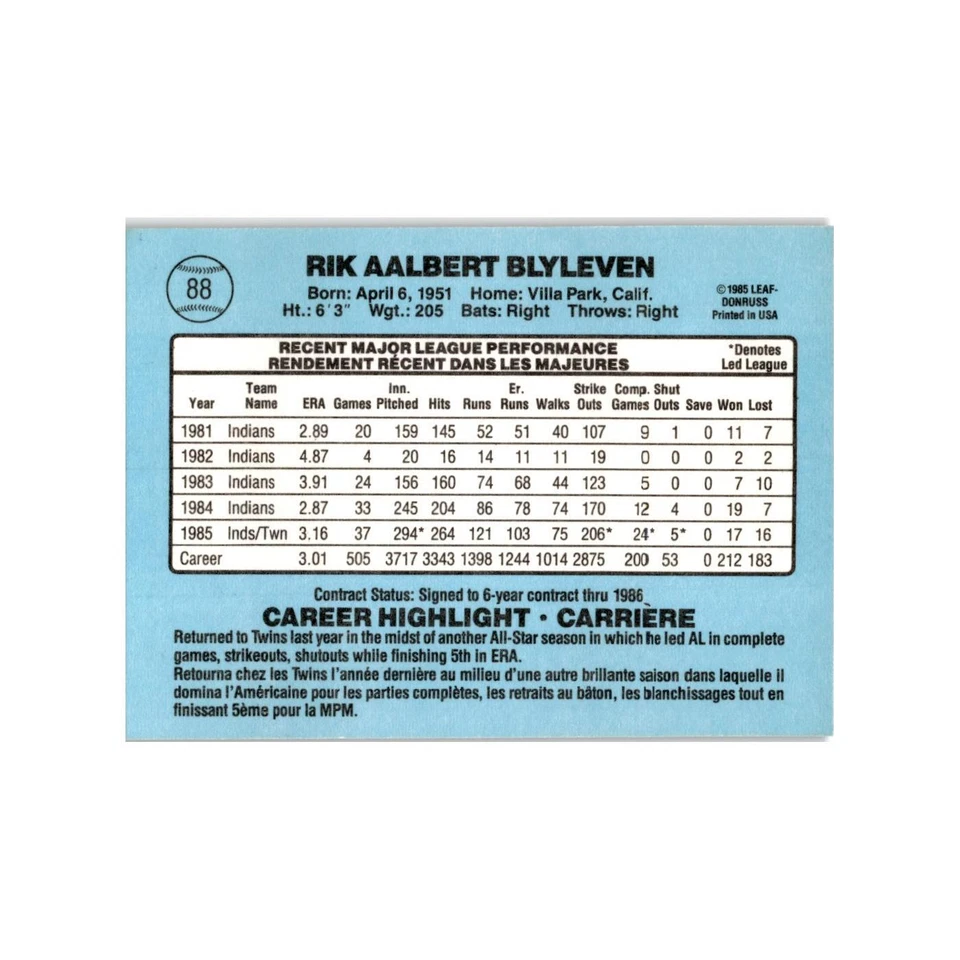 Bert Blyleven 1986 Leaf #88 Minnesota Twins Baseball Card NM - Image 2 of 3