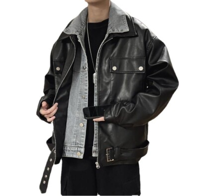 New Autumn/winter Casual Men Faux Two Piece Denim Pu Leather Coat Loose Jacket