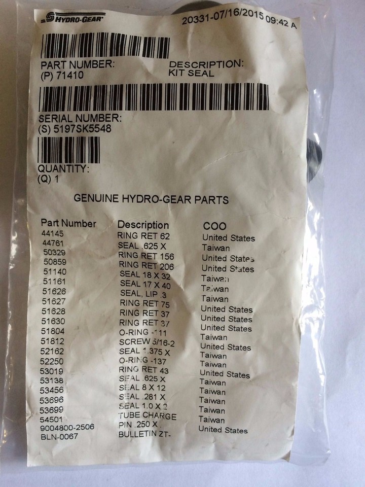 Kit Guarnizioni Per Hydro-Gear ZT-2800, ZT-3100, ZT-3400 - Sostituisce 71410, 72994, 73107