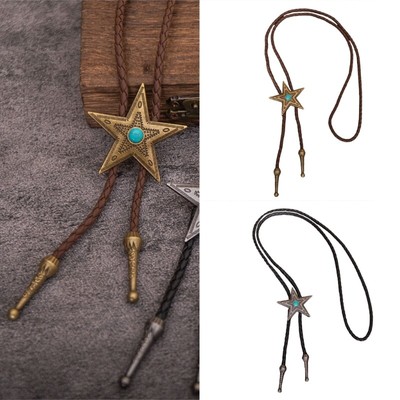 Unisex Metal Star Turquoises Bolo Tie Western Leather Cord Adjustable Necktie