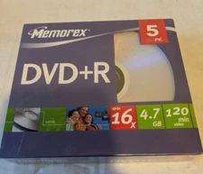 NEW Memorex DVD+R 5 Pack Recordable Media 16x 4.7GB 120 Minute w/ Jewel Case 