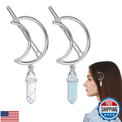 2Pcs Silver Half Moon Jewelry Metal Hair Clips - Blue and White Rhinestone Ha