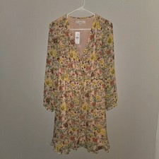 Loft Multi Color Floral Sheer Lined  Long Sleeves Dress XS