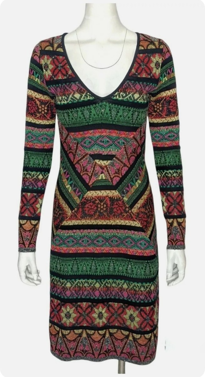 cecilia prado knit dress Sz PS Multicolor Patterned Long Sleeve Deep-V Mitered corseted