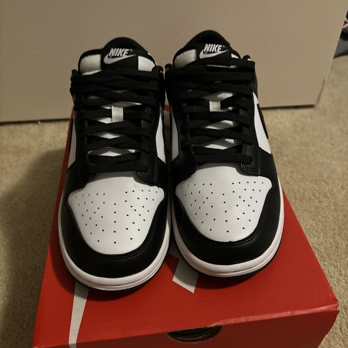Nike Dunk Low Panda men size 9.5  Good Condition Amazon.com | Nike Mens Dunk Low Retro FB3354 001 Red Swoosh  main image 3