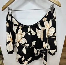 Cynthia Rowley Blouse Cropped Top Women's XS Black Floral Linen Off Shoulder