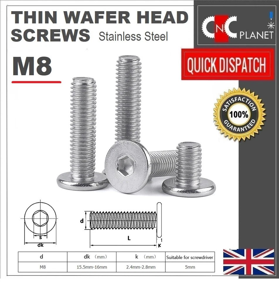 M3 M4 M5 M6 M8 Ultra Thin Wafer Flat Head Screws Bolt Allen Stainless Steel UK - Image 2 of 4