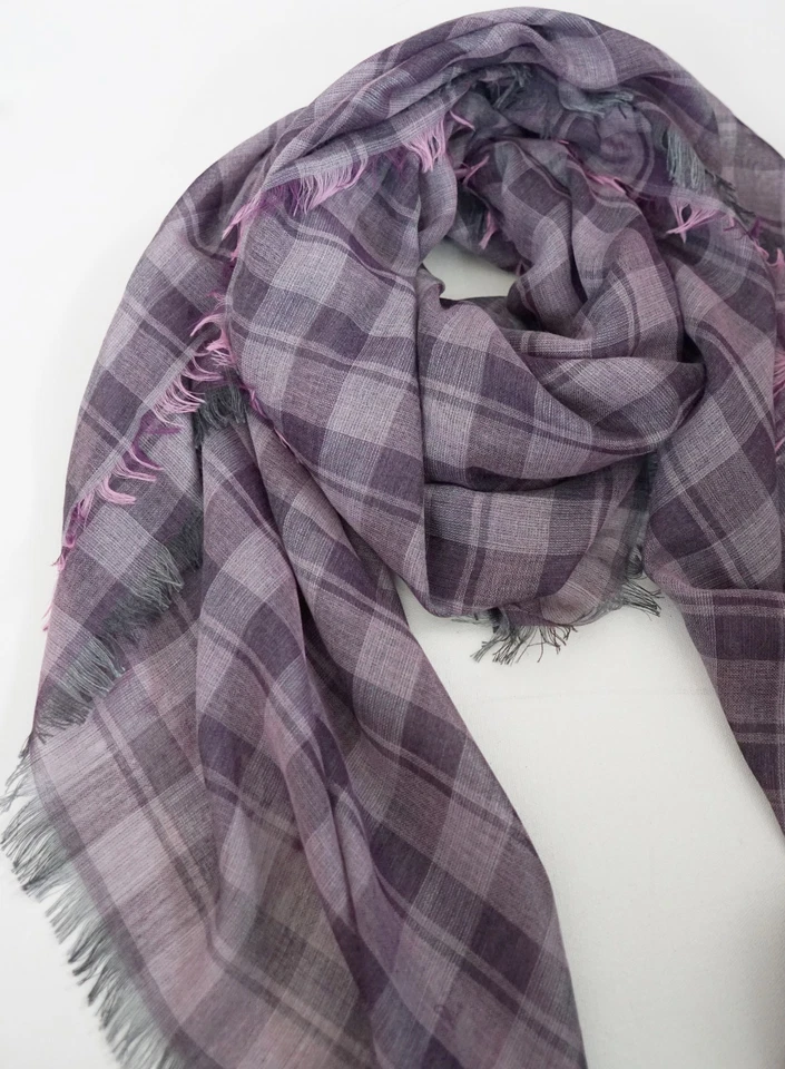 全新无标签 正品 BRIONI 紫色格子 100% 棉超大围巾披肩披肩 — 第 2/4 张图片