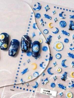 5D Van Gogh Starry Night Nail Art Stickers Nail Decals, Cute Nail Sticker