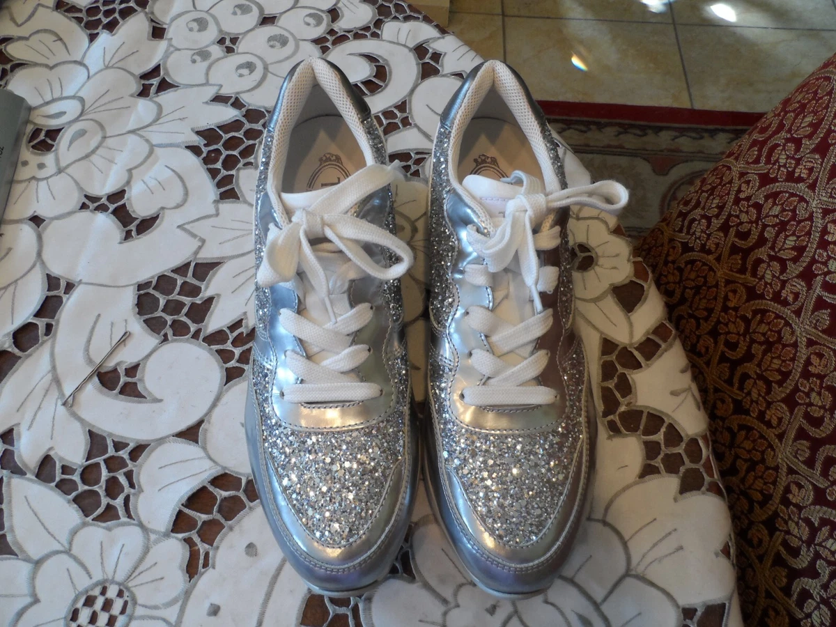 Tod's Silver-White Leather w/Glitter Embellished Sneakers Size 38