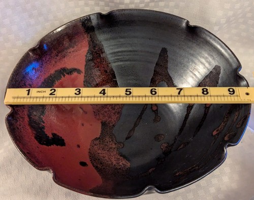 Raku Glazed Artisan Pottery Bowl Spatter Abstract Red & Black Mid Century Signed - Picture 4 of 10