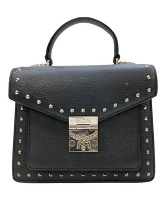 MCM Authentic Studded Patricia Satchel Bag Tote Handbag Black Top Handle Logo