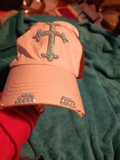 Weatern Baseball Cap Womens Turquoise Cross Adjustable Distressed Off White