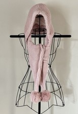 New Soft Pink Adult Size Cable Knit Hat w/ Scarf  Faux Fur Pom Poms